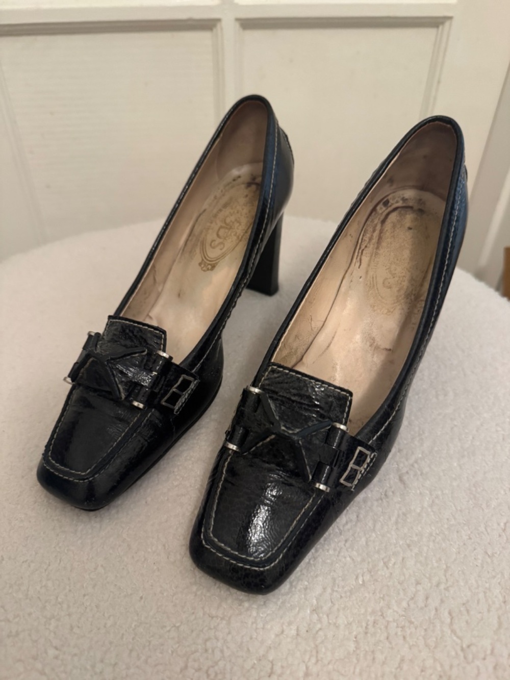 TODs Selleria Swing - Black Patient Leather Stacked Heel - Size 38